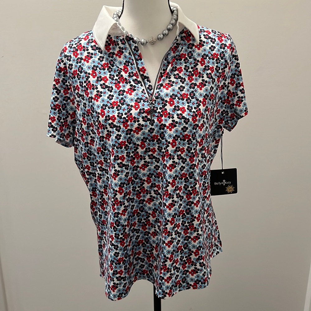 Belyn Key Keystone Cap Short Sleeve Polo Top Monterey Floral Zip Shirt XL NWT